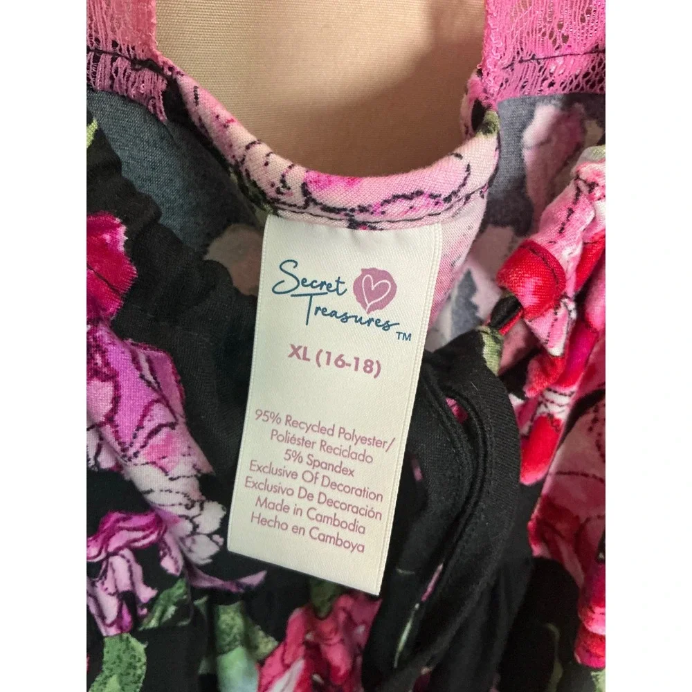 Secret Treasures Floral Chemise Womens XL Black Pink Excellent Lace Racerback